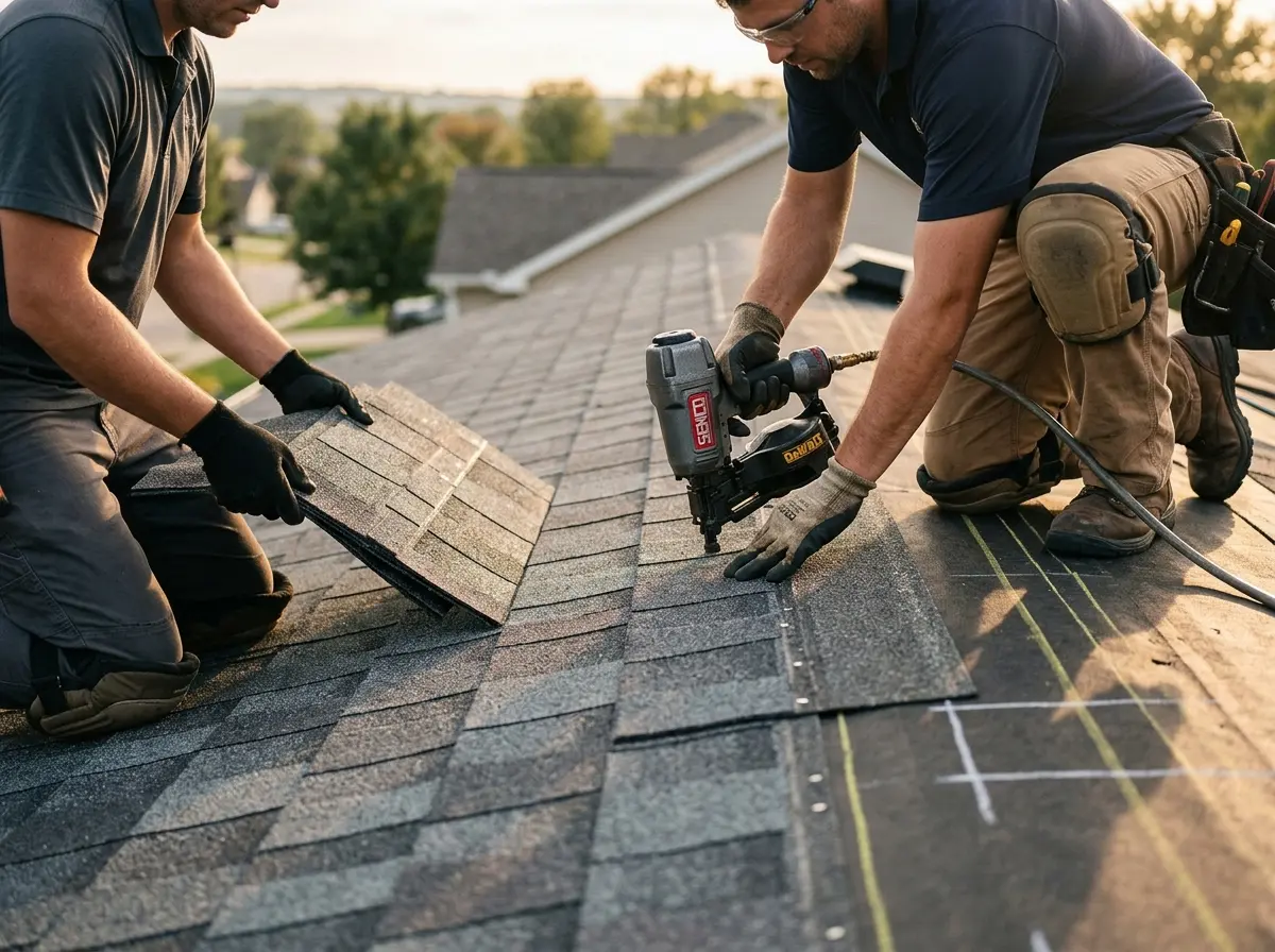 Professional roofer working on a residential roof in Lynn Haven